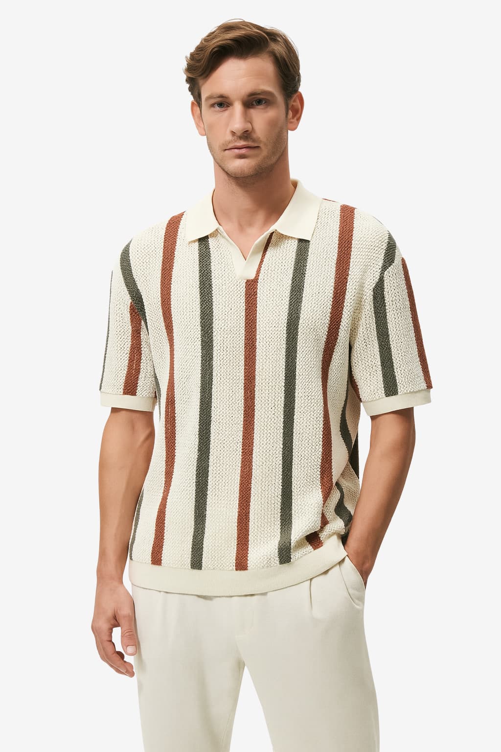 Men's Short-Sleeve Knitted Polo Shirt with Retro Stripes
