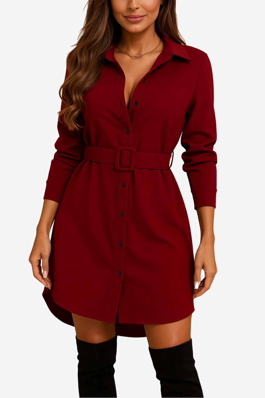 Women’s Belted Shirt Dress Long Sleeve Button Front