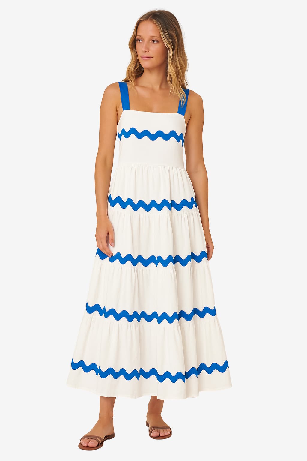 Women’s White Tiered Maxi Dress with Blue Trim