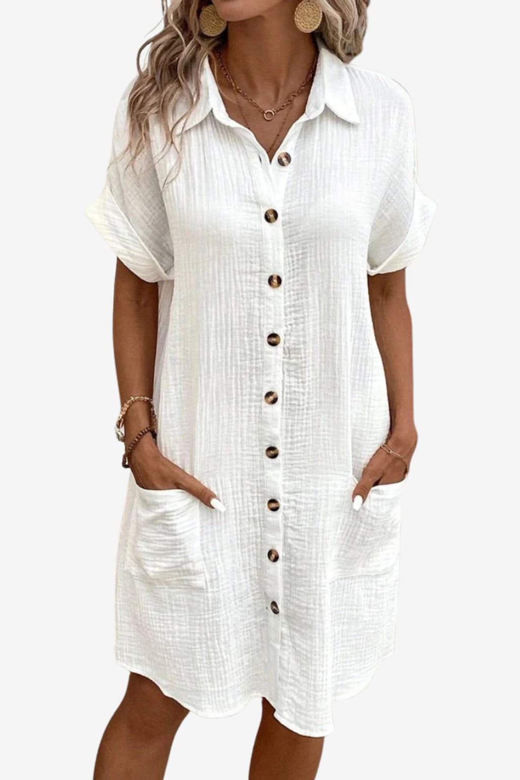 Women's Linen Shirt Dress, Short Sleeve, Button-Down, Knee-Length