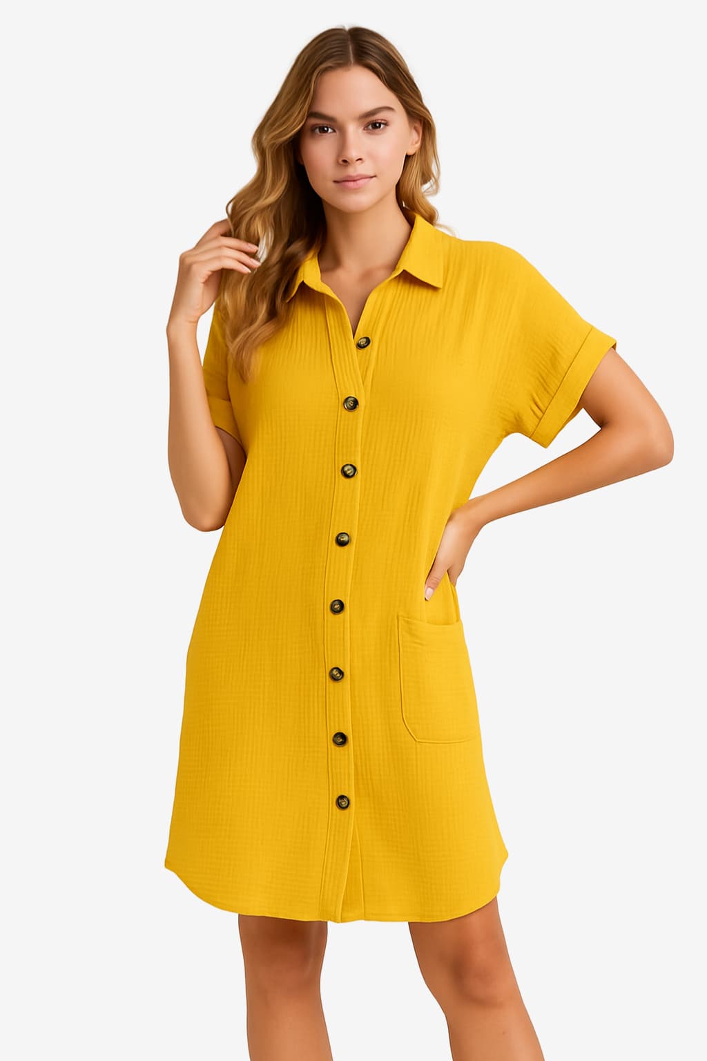 Women's Linen Shirt Dress, Short Sleeve, Button-Down, Knee-Length