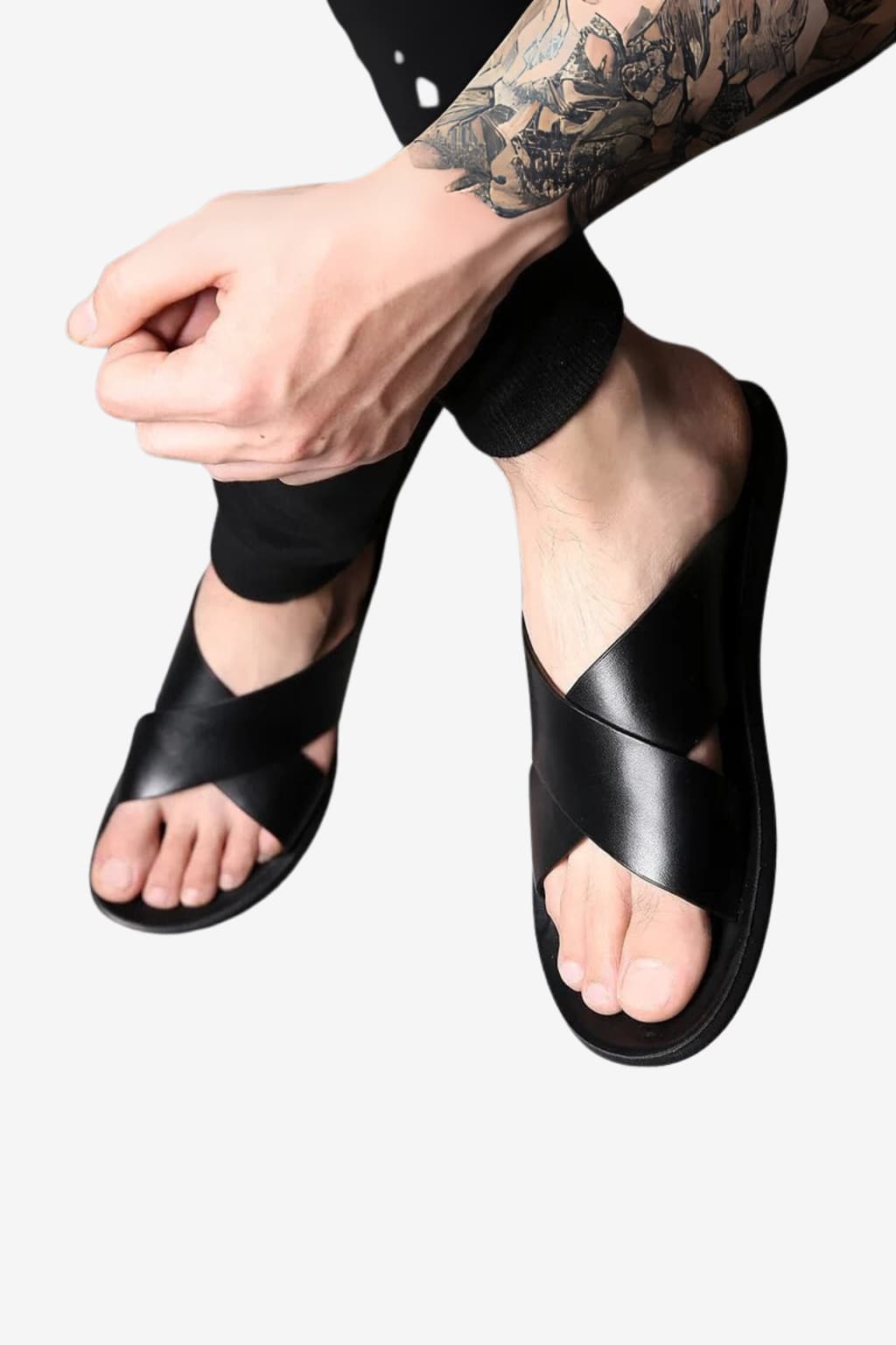 Men's Leather Cross Strap Slides Casual Sandals