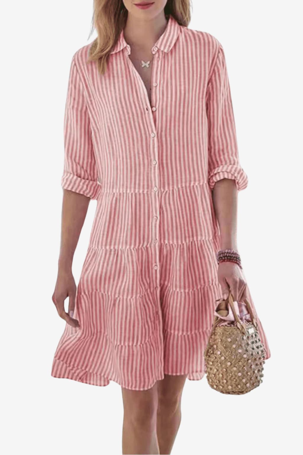 Women’s Striped Shirt Dress Button Up Knee Length Casual