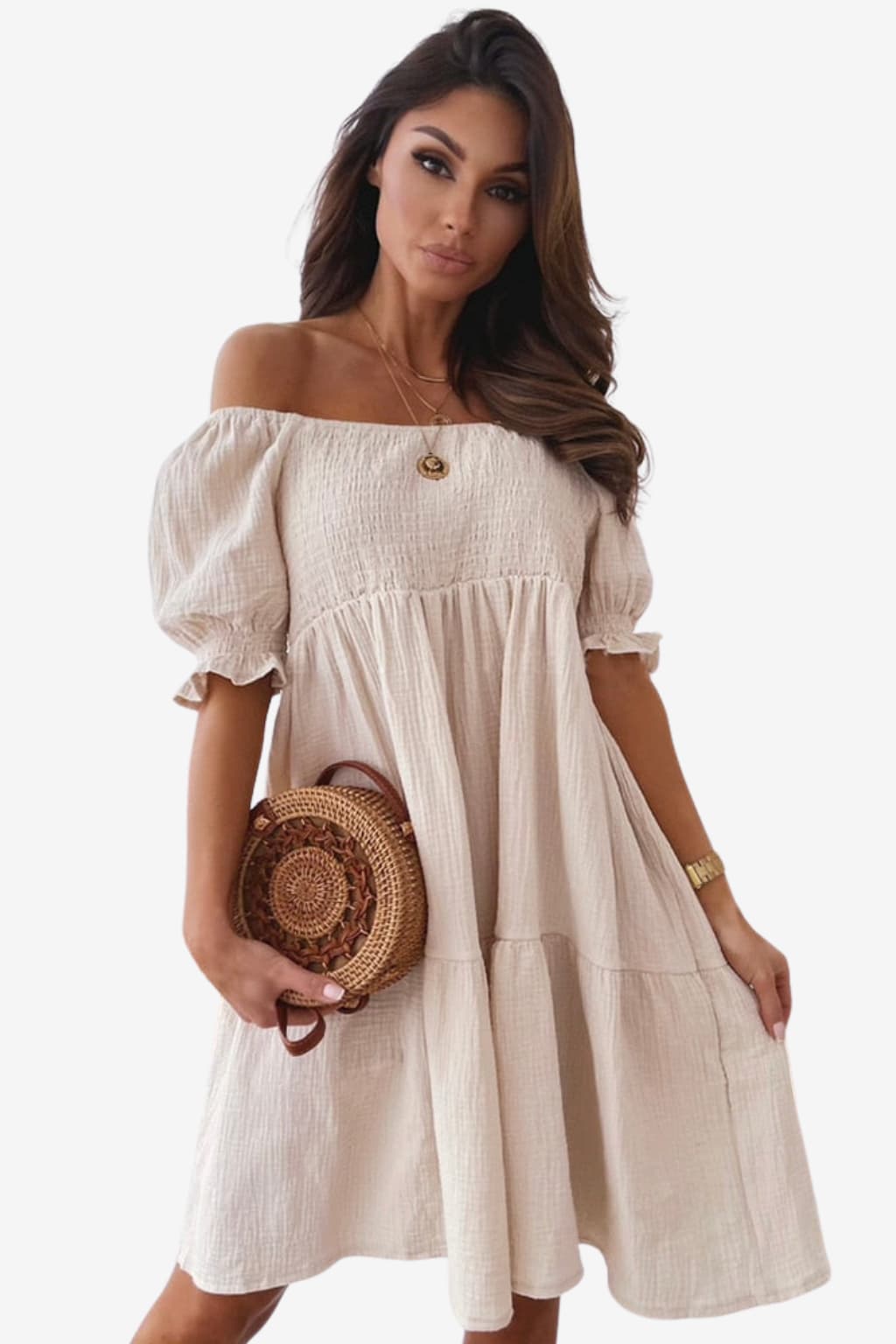 Women’s Beige Off Shoulder Summer Dress Boho Style