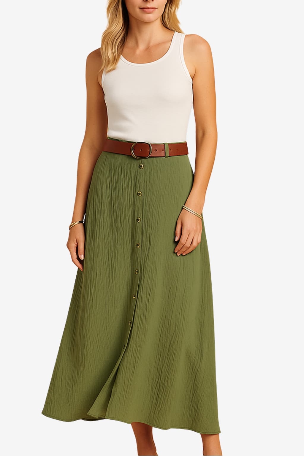Women’s Maxi Skirt Sage Green Belted Button-Down Style