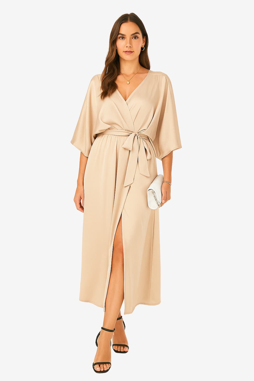 Women's Maxi Dress with V-Neck, Tie Waist, and High Slit