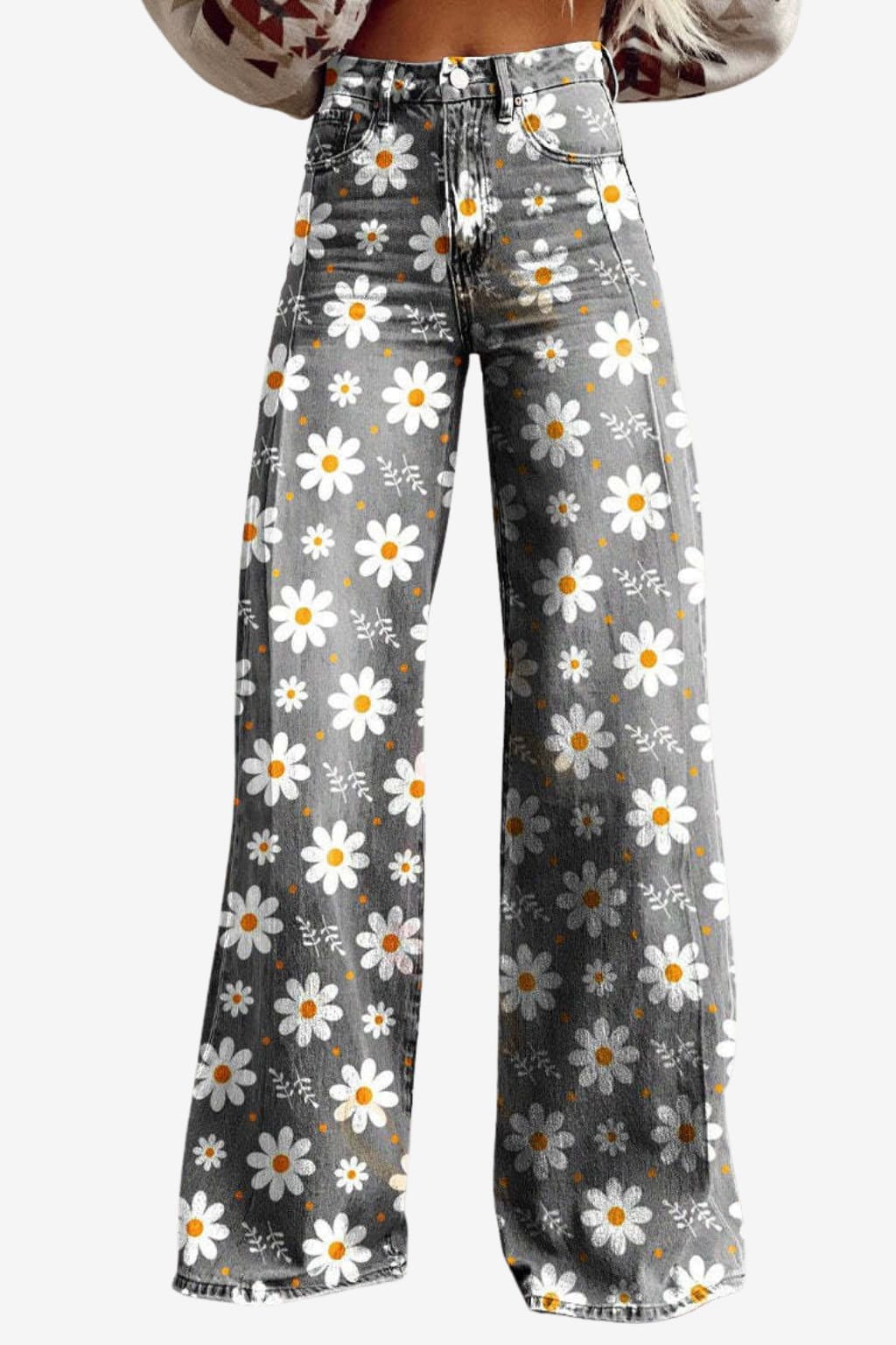 Women's Vintage Daisy Print Wide-Leg Trousers High-Waisted