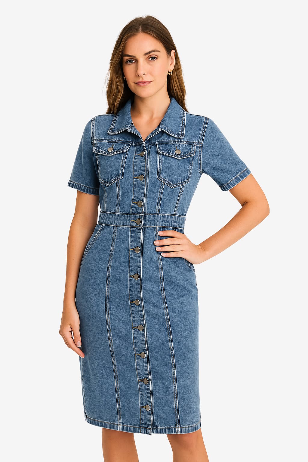 Women's Midi Denim Dress with Button Front and Short Sleeves