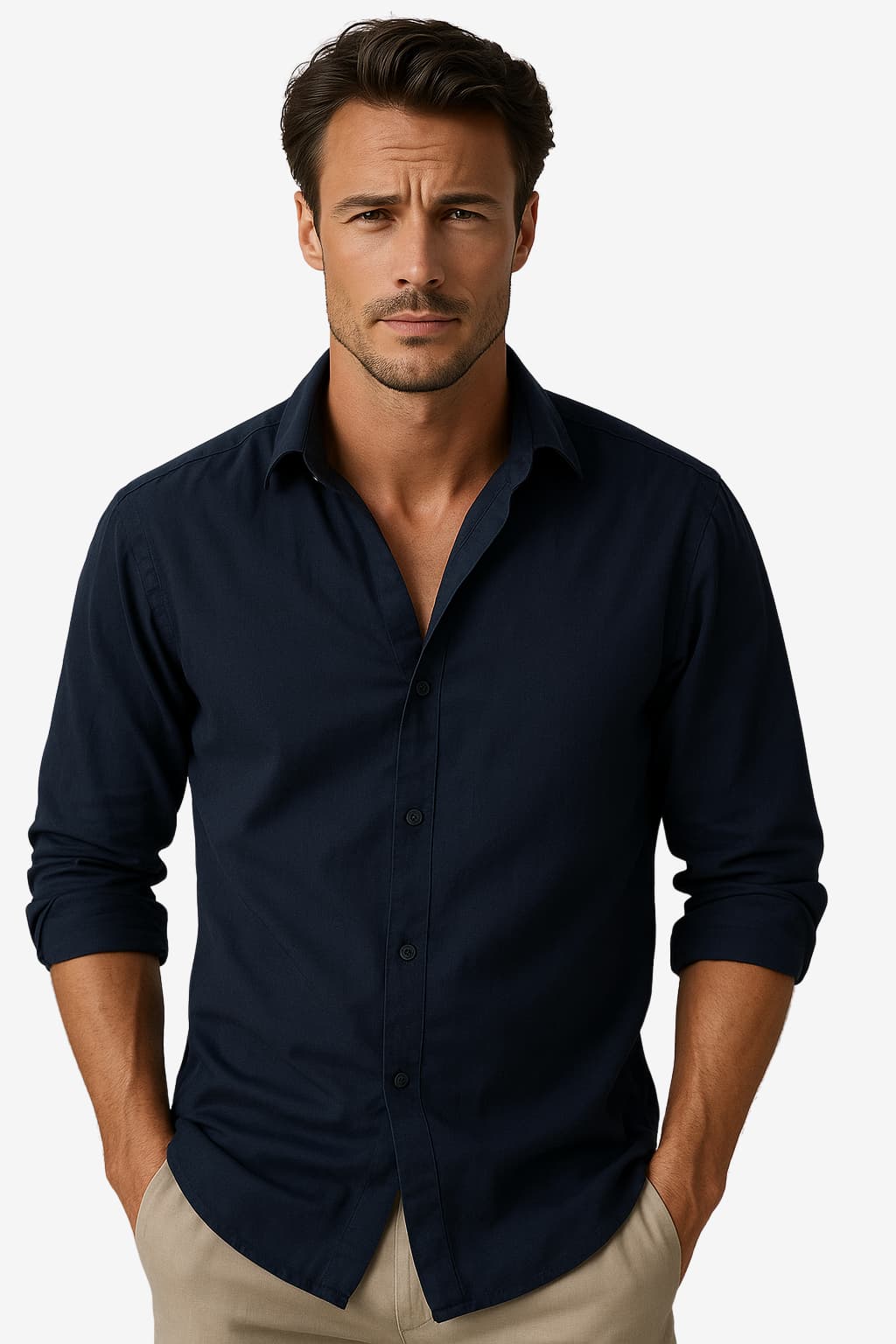 Men's Long - Sleeve Henley Shirt Purple Mandarin Collar