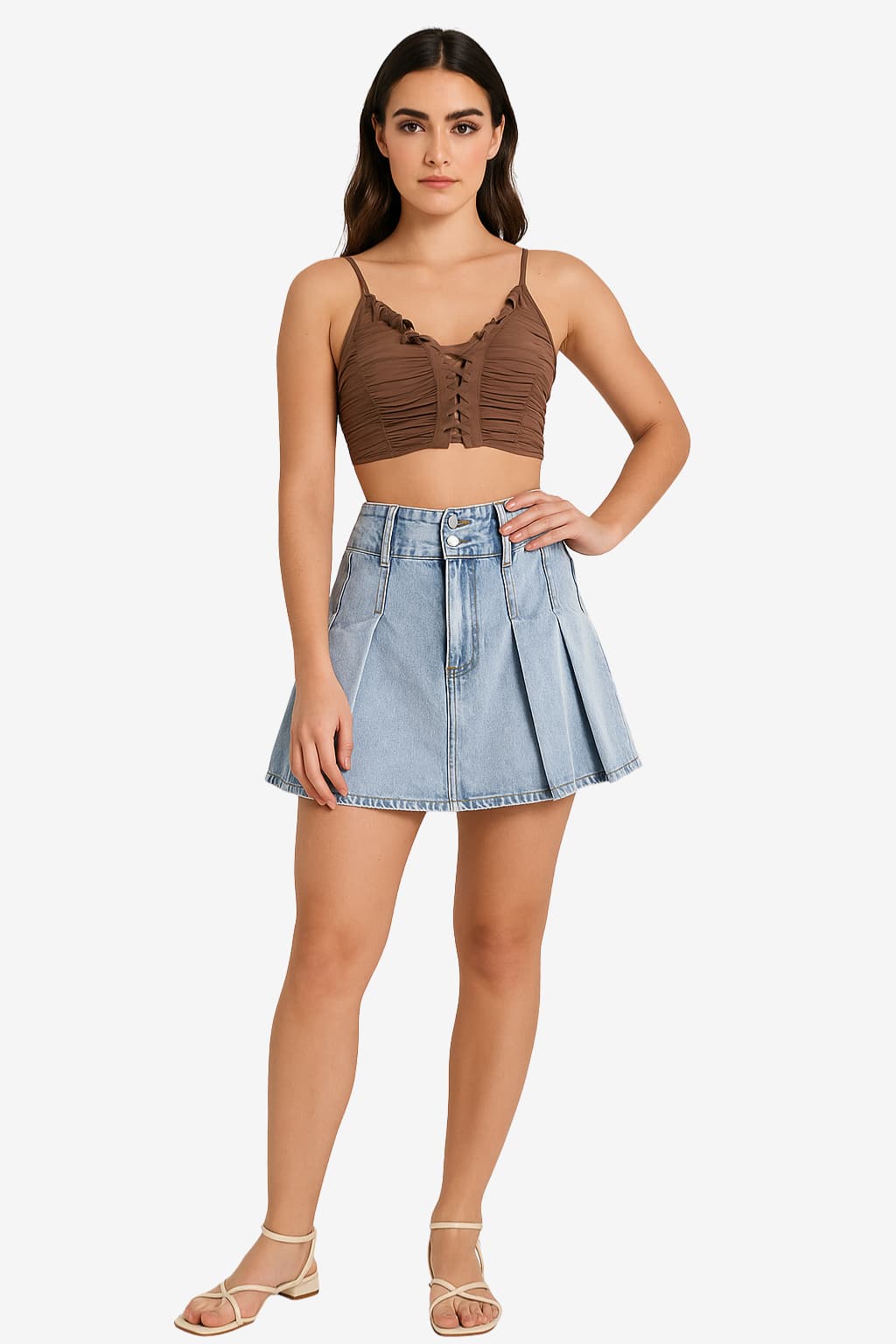 Women’s Light Blue Denim Mini Skirt High Waist Pleated