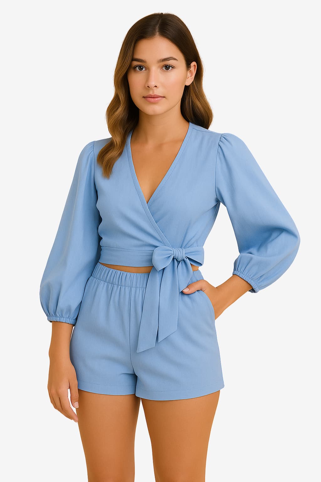 Women’s Puff Sleeve Wrap Top and Shorts Set For Summer