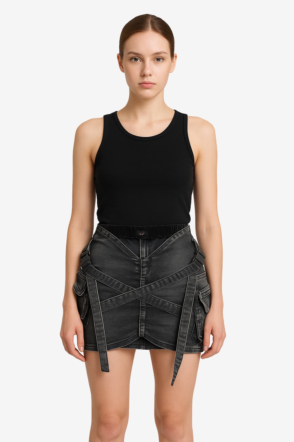 Women's Denim Mini Skirt V-Waist Buckle Flap Pocket Slim Fit