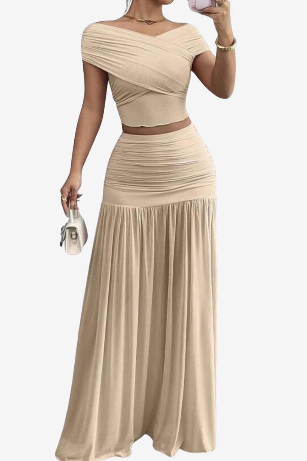 Women's Ruched Off-Shoulder Crop Top and High-Waisted Long Skirt Set