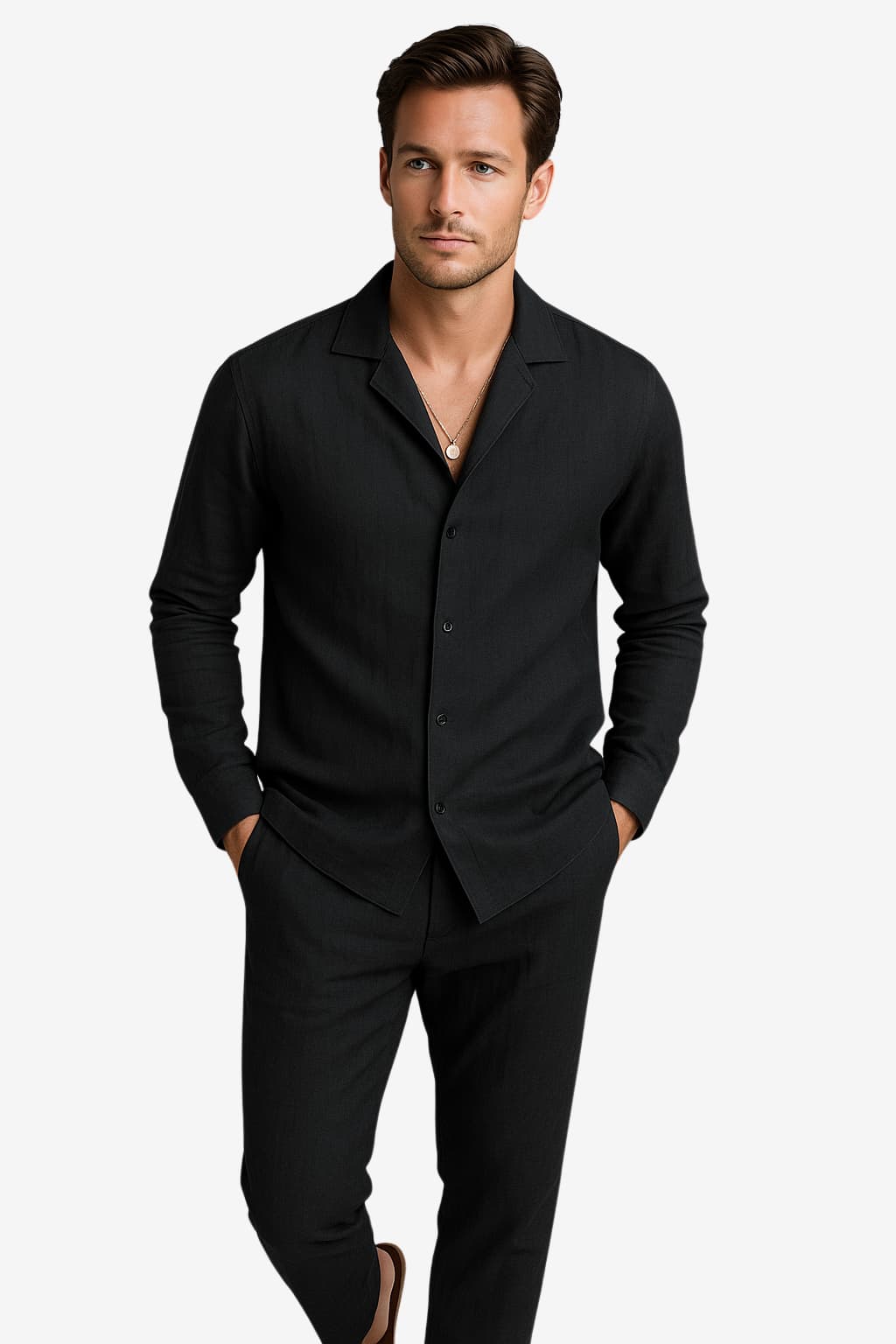 Men's Linen Long - Sleeve Shirt &amp; Trousers Set Relaxed Fit
