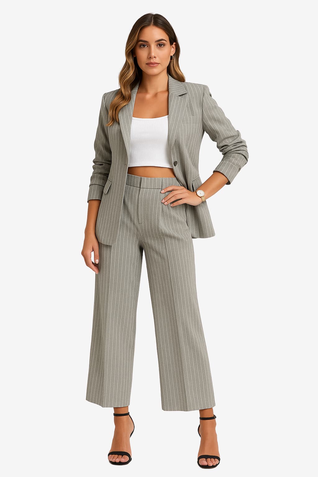 Women’s Pinstripe Lounge Suit Set Blazer Wide Leg Trousers