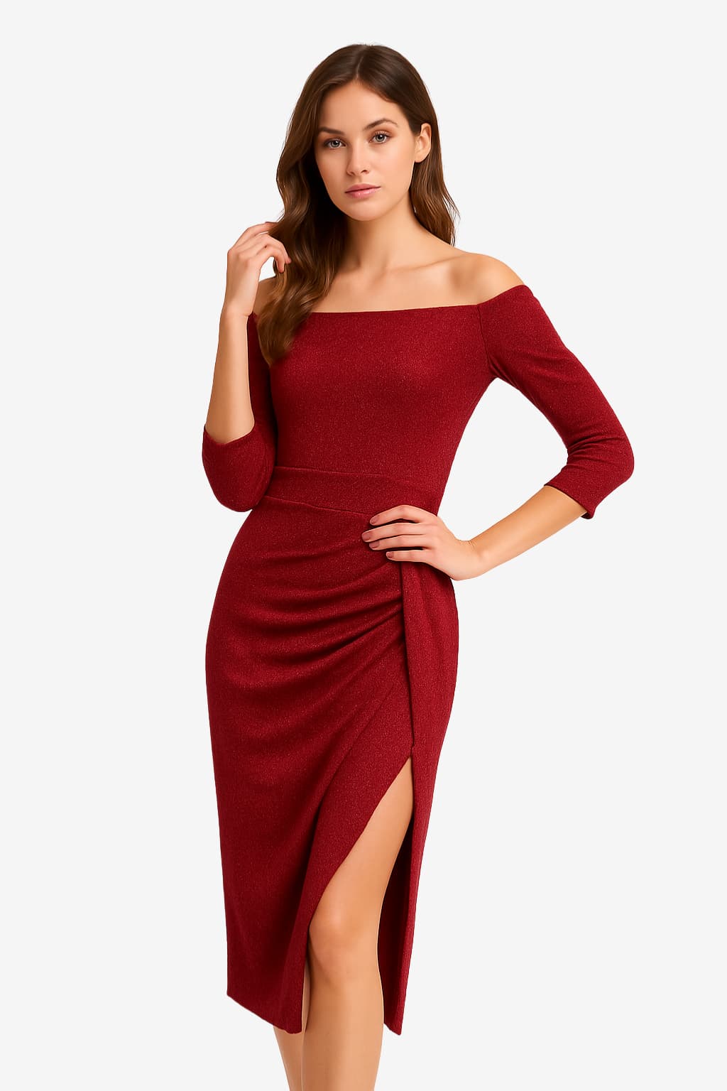 Women's Glitter Midi Dress with Off-Shoulder and High Slit