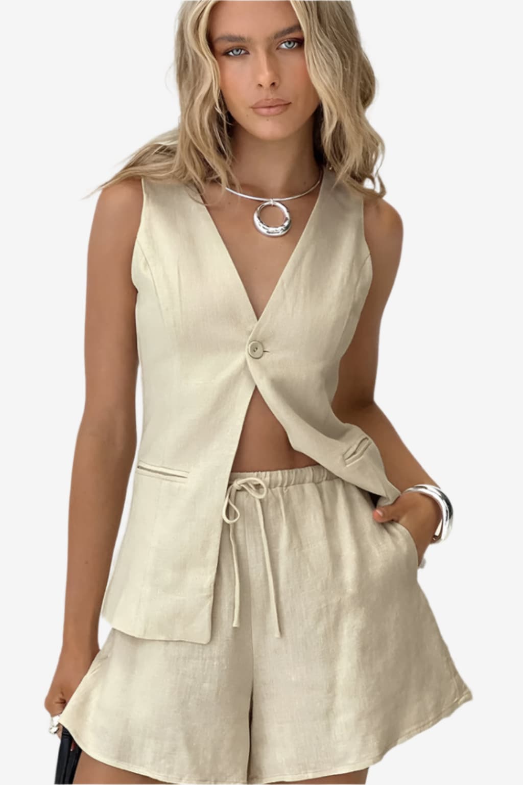 Women’s Sleeveless V-Neck Summer Shorts Two-Piece Set