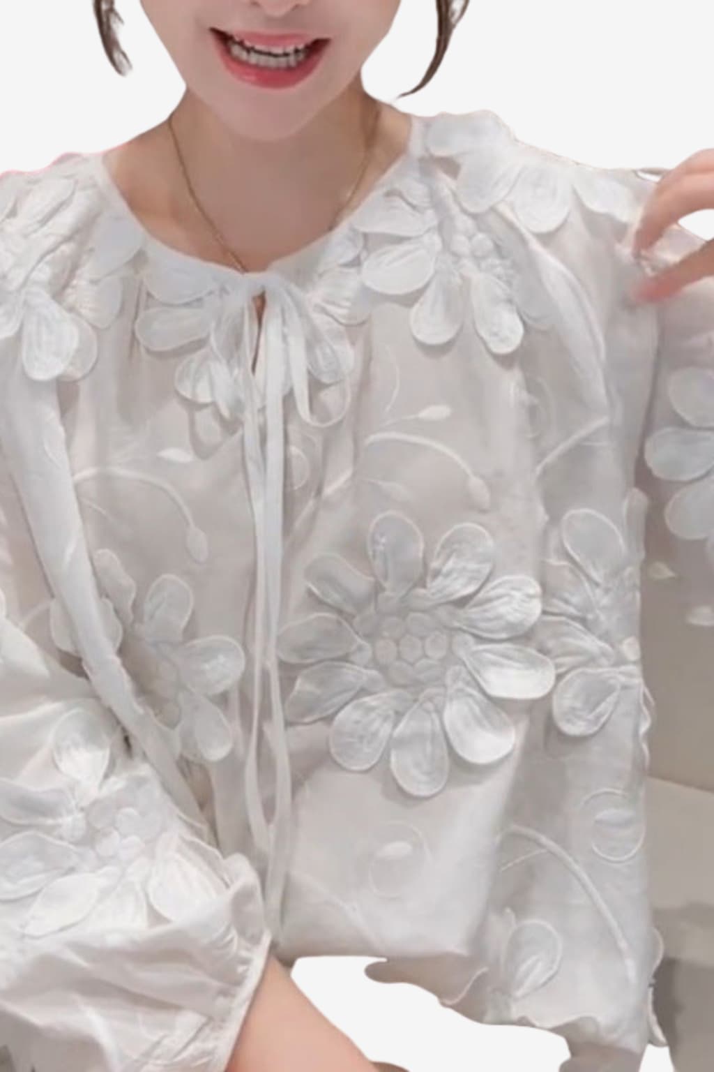 Women's Floral Chiffon Top Long Sleeve Round Neck Tie Detail