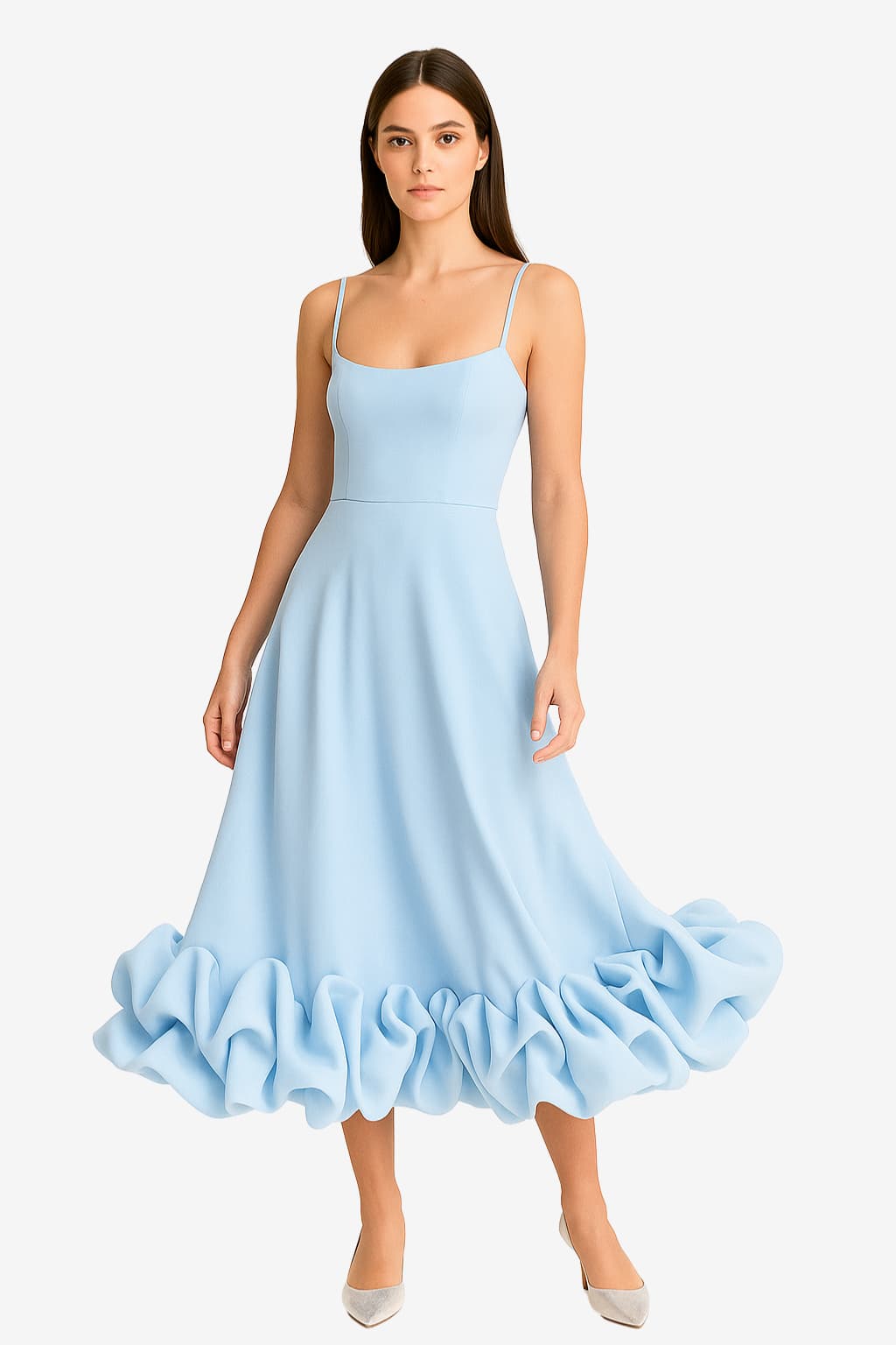 Women's Midi Dress with Spaghetti Straps and Ruffled Hem