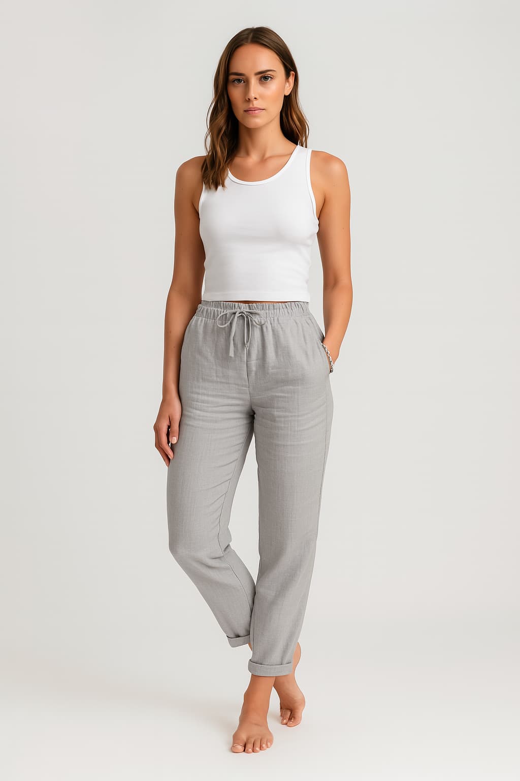 Women's Linen Trousers Loose Fit Elastic Waist Drawstring