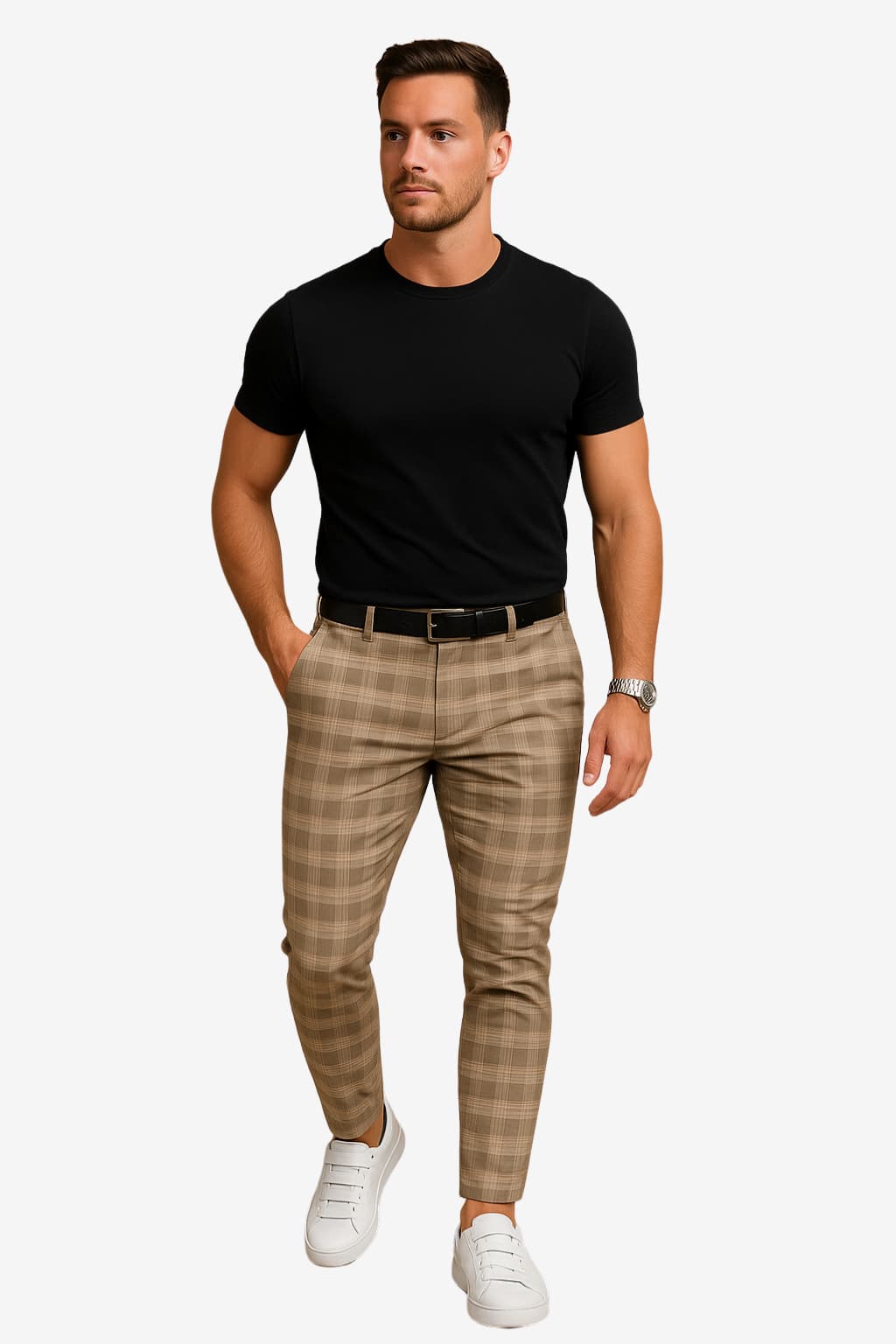 Men's Slim Fit Plaid Ankle Trousers - Smart Casual Woven Fabric