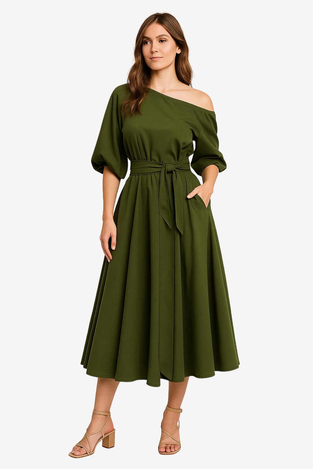 Women’s Off-Shoulder Midi Dress with Belt and Pockets