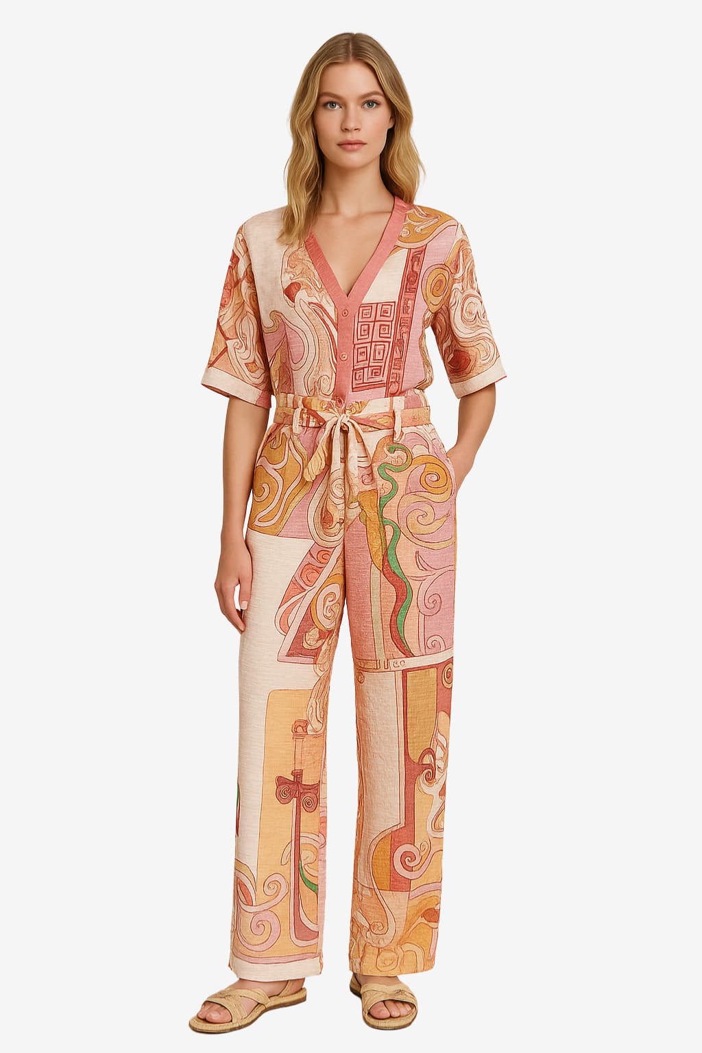 Women's Linen Two-Piece Set - Relaxed Fit V-Neck Top &amp; Elastic Waist Trousers