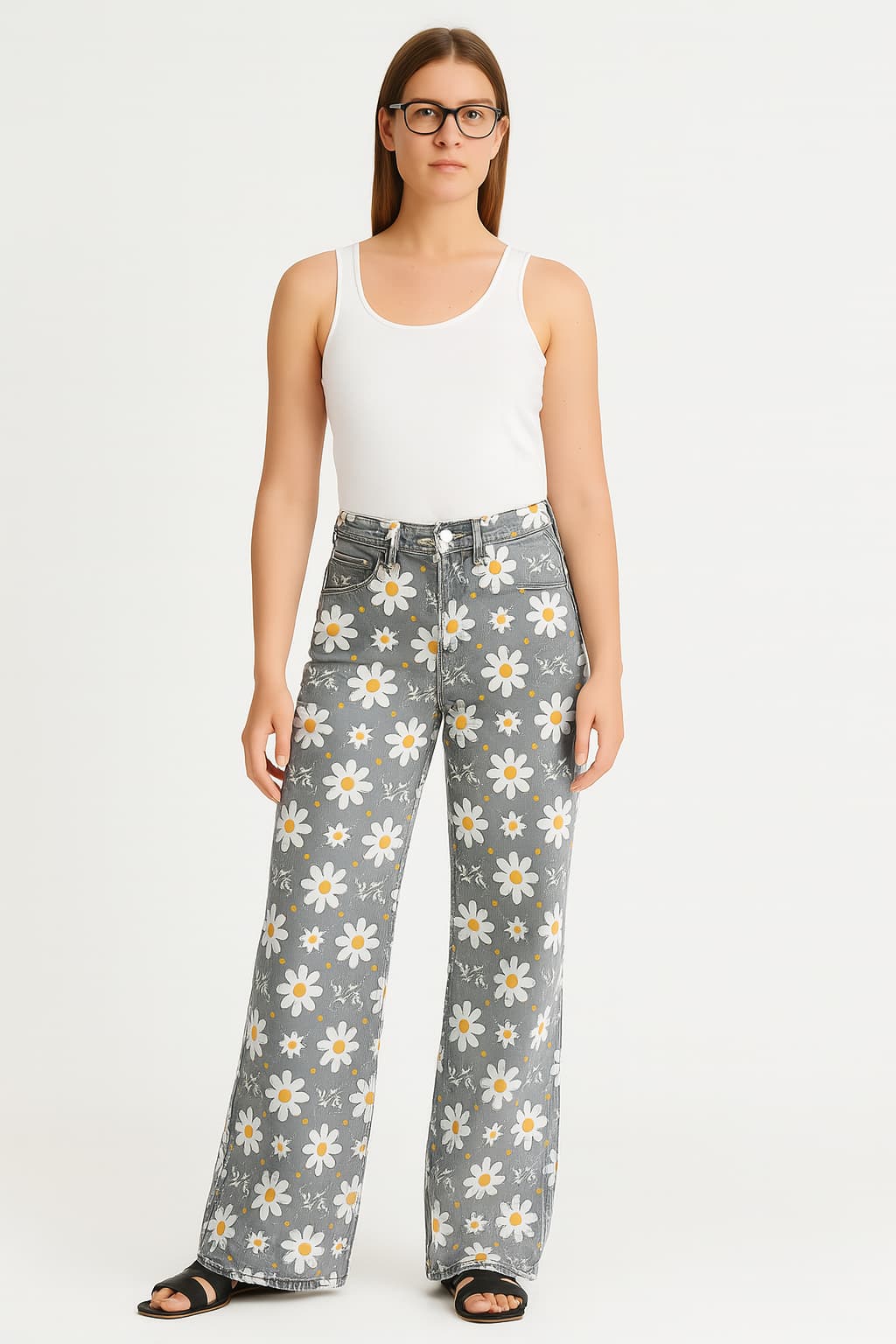 Women's Vintage Daisy Print Wide-Leg Trousers High-Waisted
