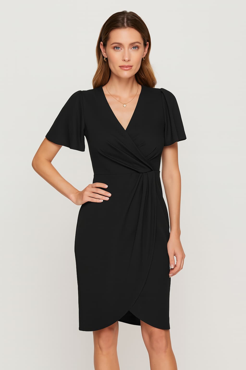 Women's Fitted Wrap Dress V-Neck Flutter Sleeve Midi