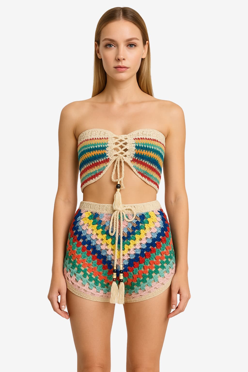 Women's Crochet Two-Piece Set Khaki Bandeau Top and Shorts