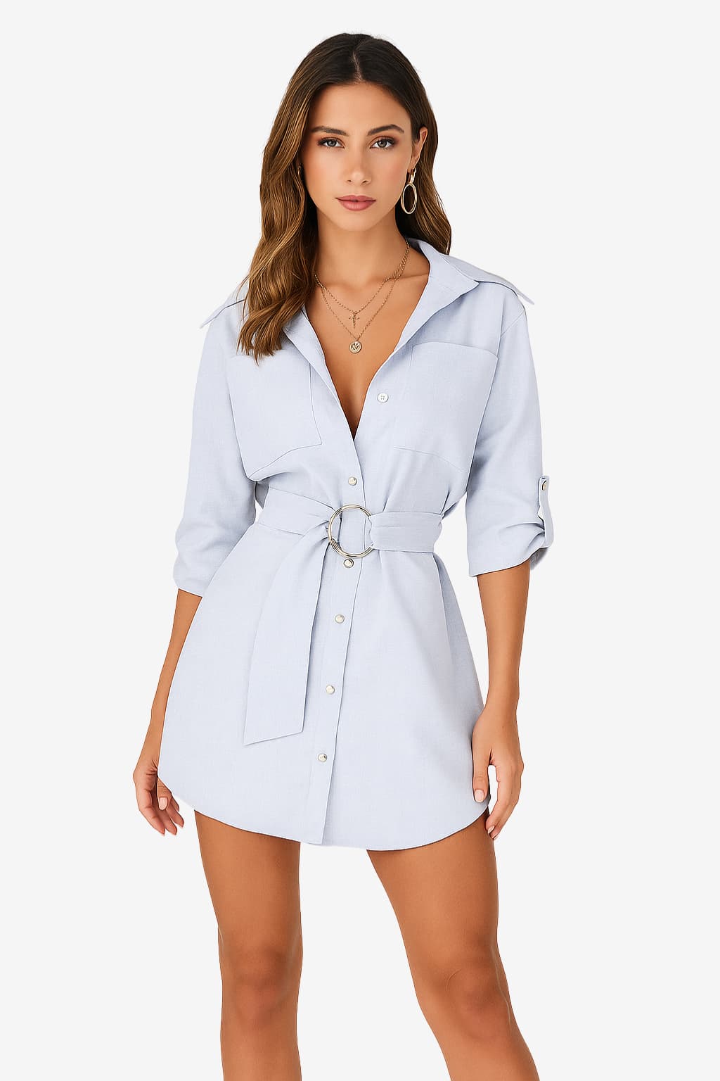 Women's Short Shirt Dress with Belt and Collar