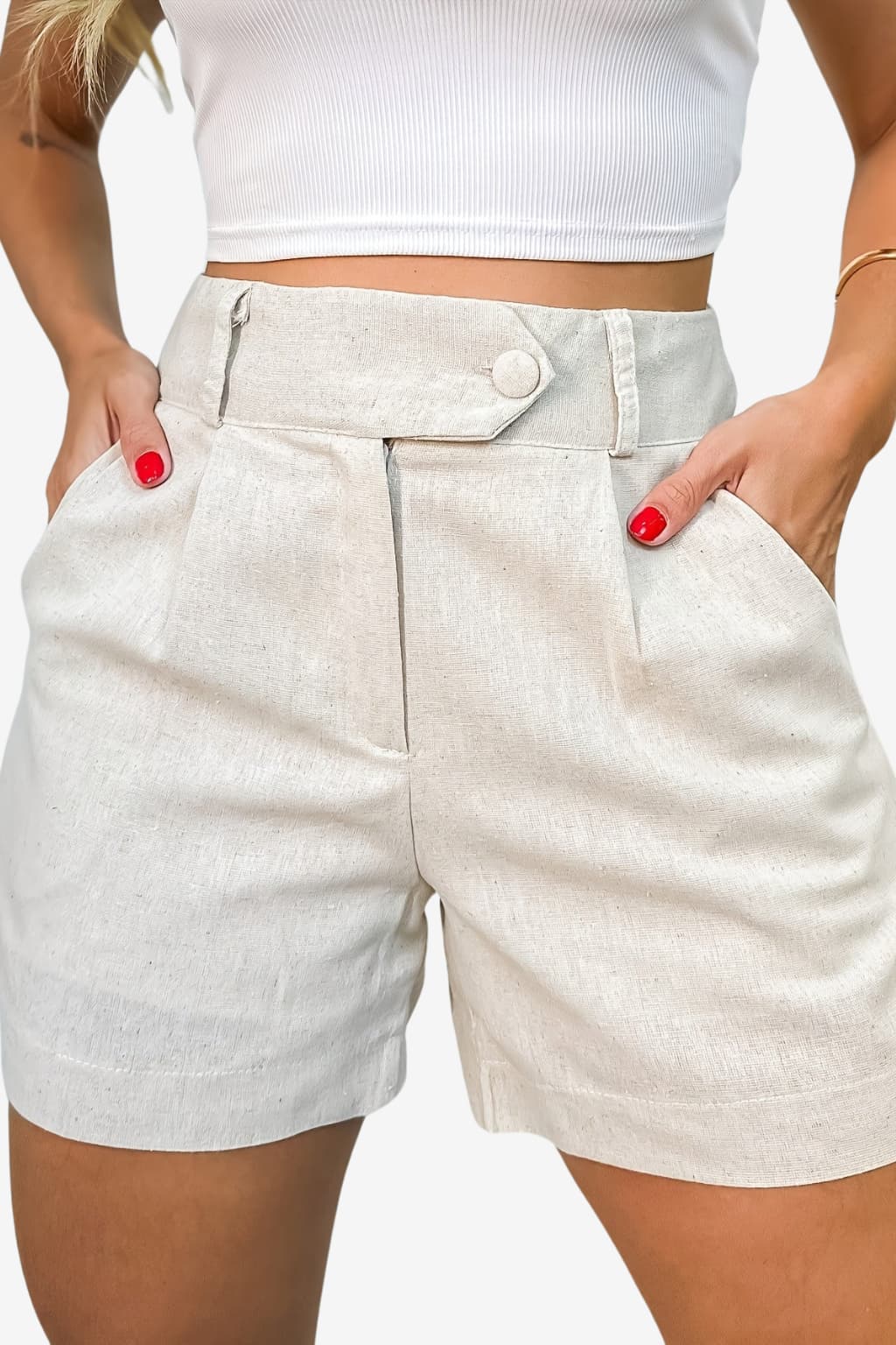 Women’s High-Waist Linen Shorts – Casual Button Pockets