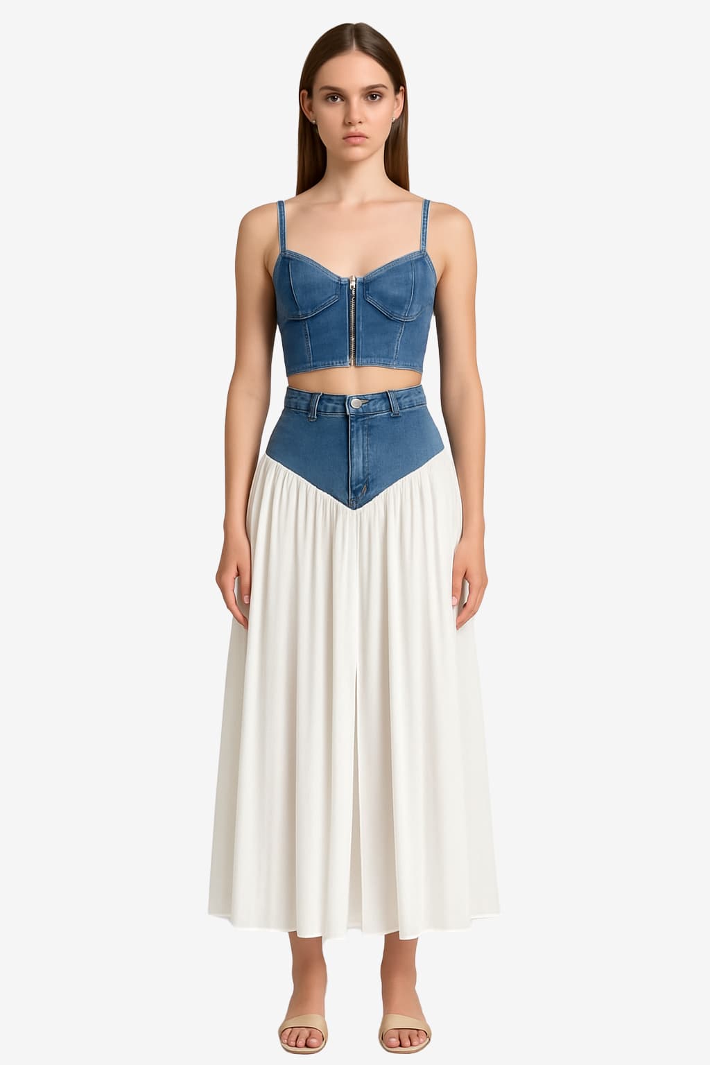 Women's Denim Crop Top &amp; Chiffon Maxi Skirt Set