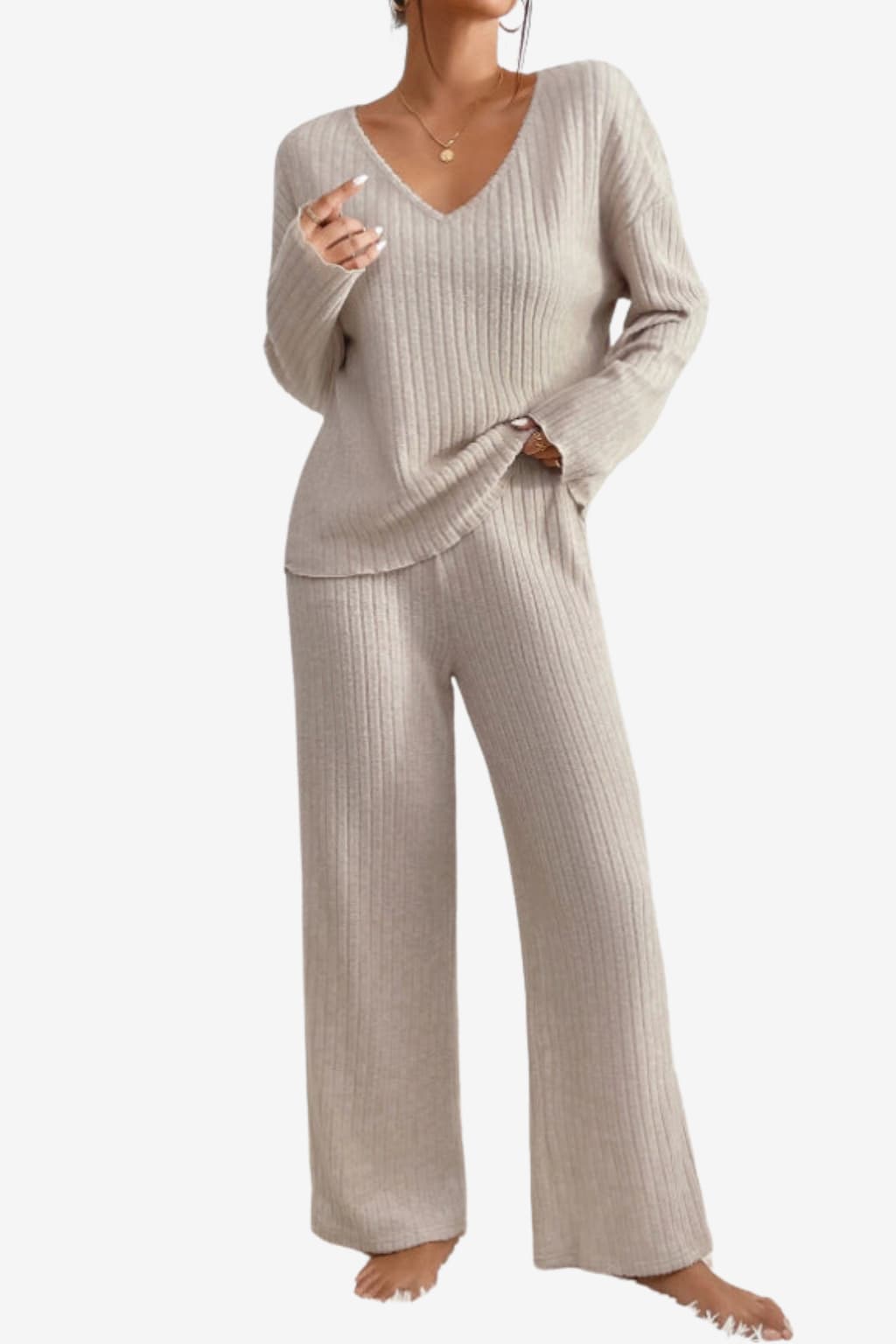 Women’s Ribbed Knit Lounge Set V-Neck Top Trousers