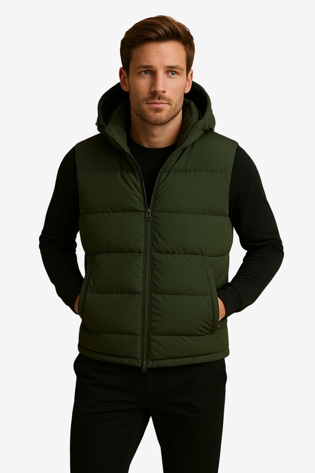 Men's Quilted Padded Vest with Removable Hood, Zipped Pockets