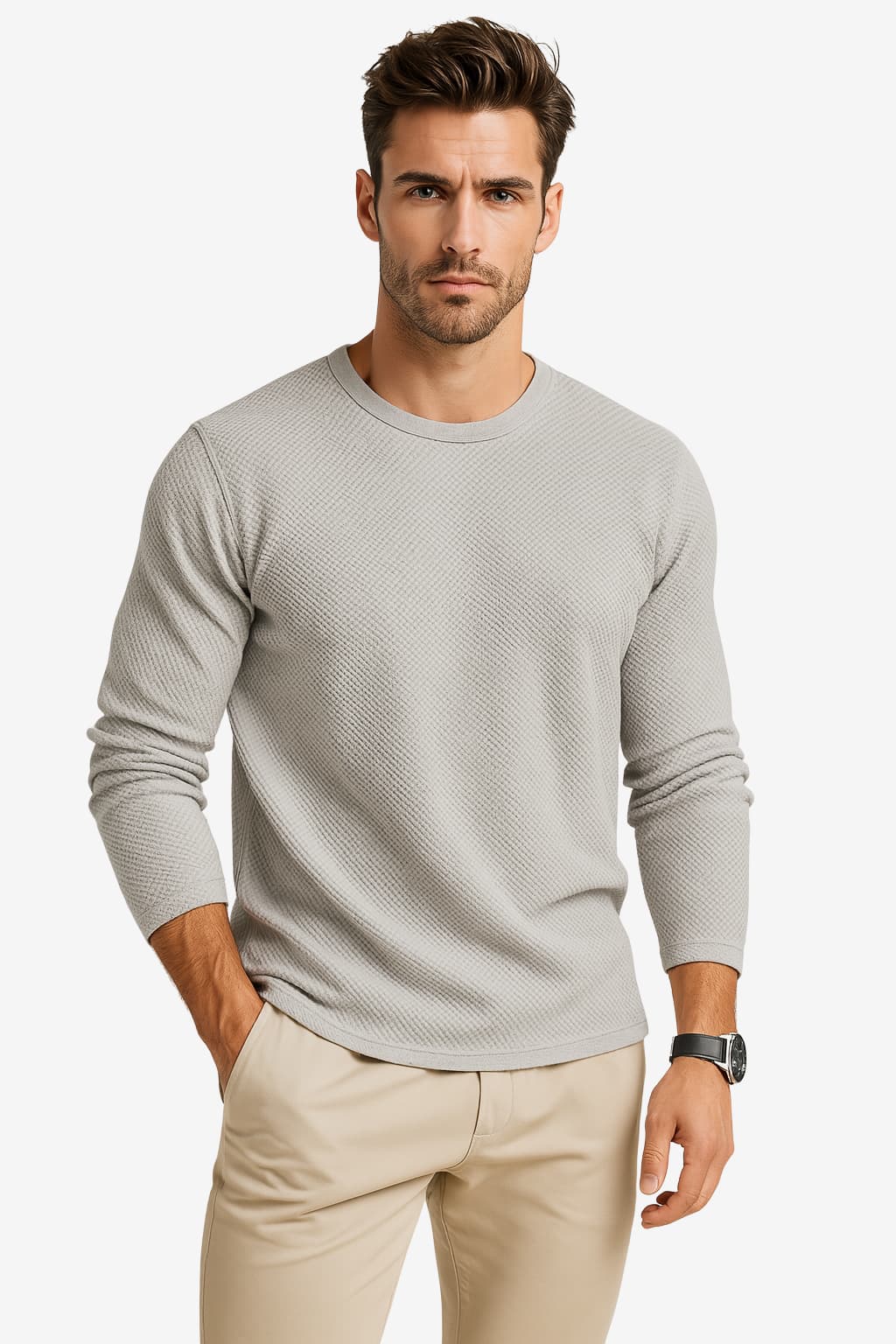 Men’s Waffle Knit Crew Neck Long Sleeve Sweatshirt
