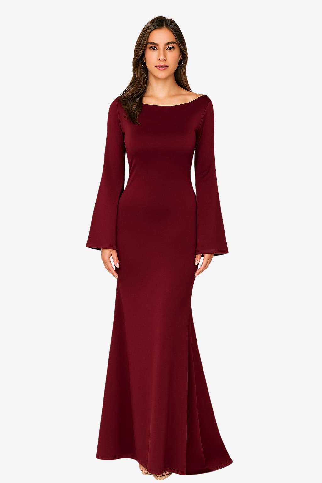 Women's Satin Evening Dress with Flared Sleeves, Maxi Length