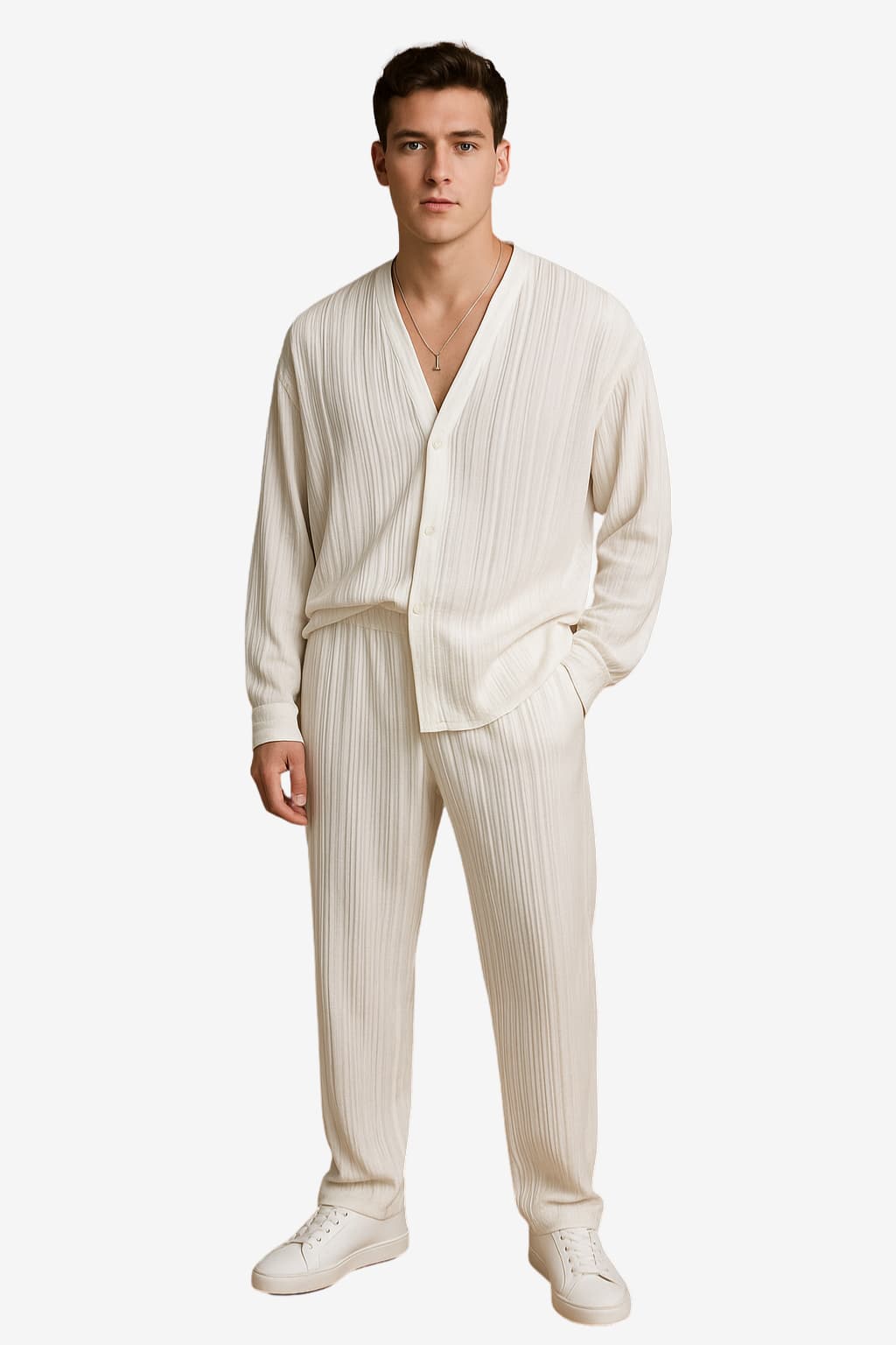 Men's Pleated Lounge Set - Long Sleeve Shirt &amp;Elastic Waist Trousers