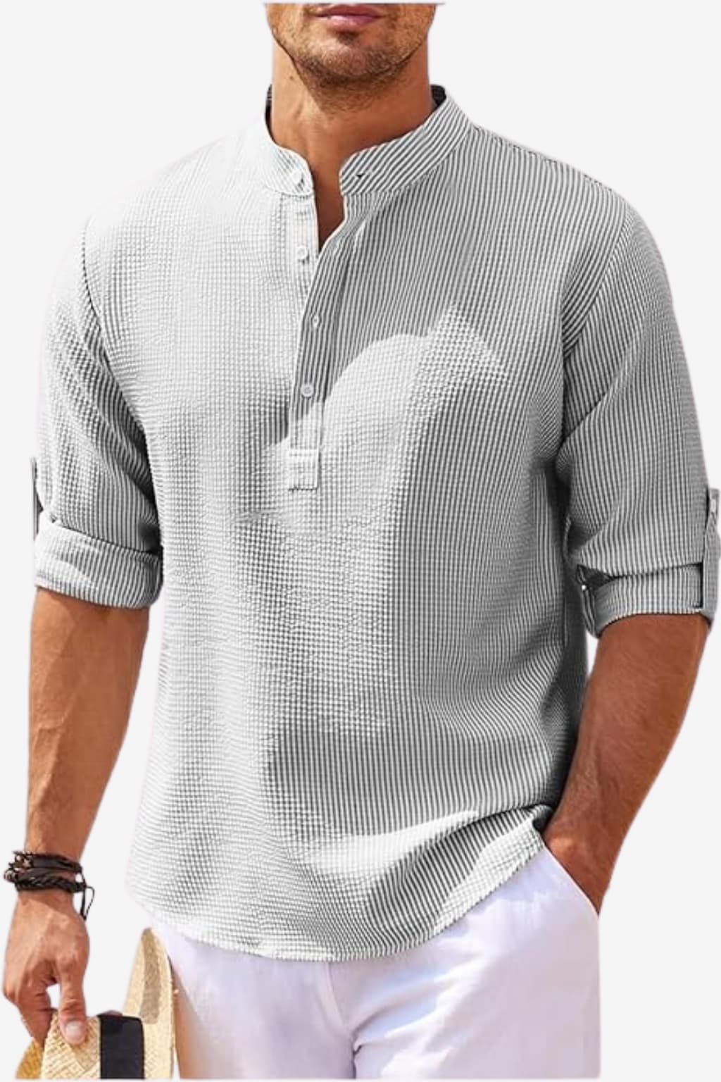 Men’s Linen Blend Shirt Long Sleeve Band Collar Casual
