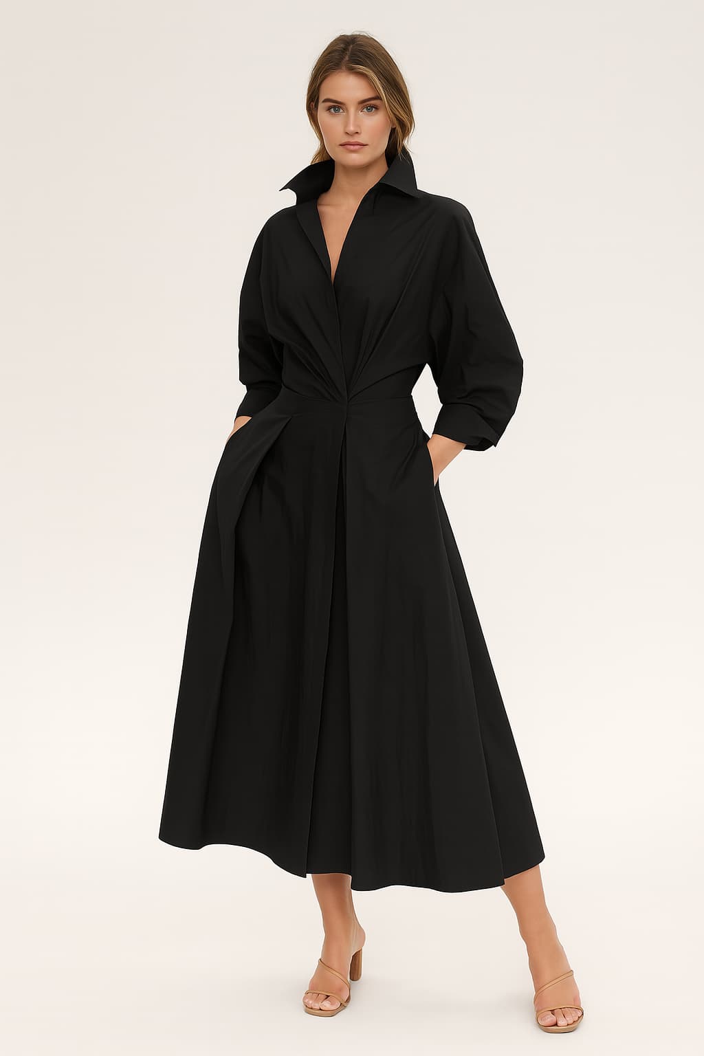 Women's Cotton Long Sleeve Midi Shirt Dress V-Neck