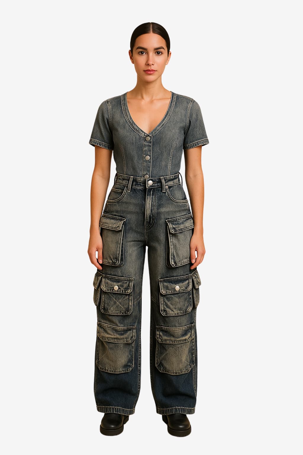 Women's Wide Leg Cargo Jeans High-Waisted Multi - Pocket