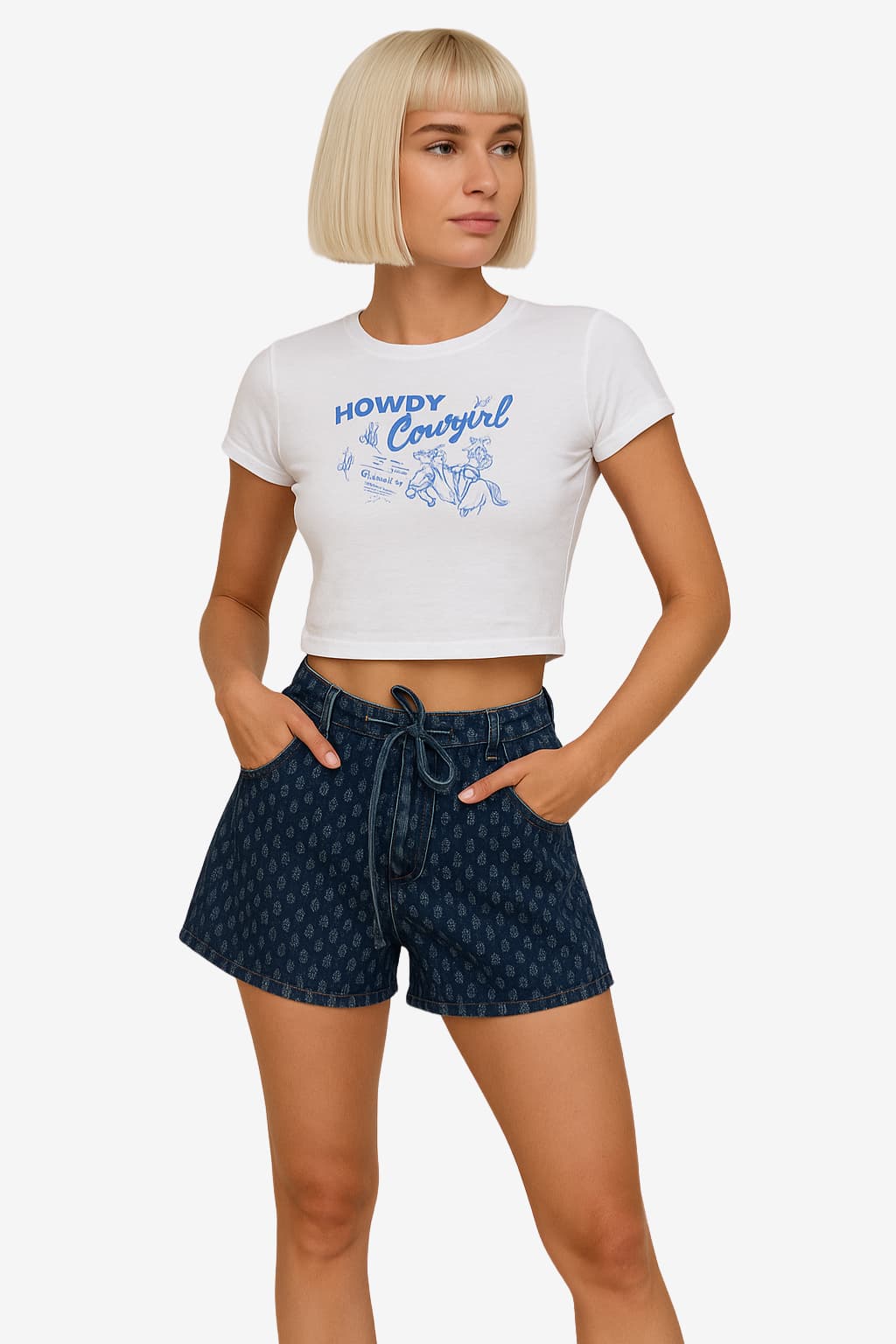 Women's High-Waist Denim Shorts, Relaxed Fit, Drawstring, Mid - Thigh