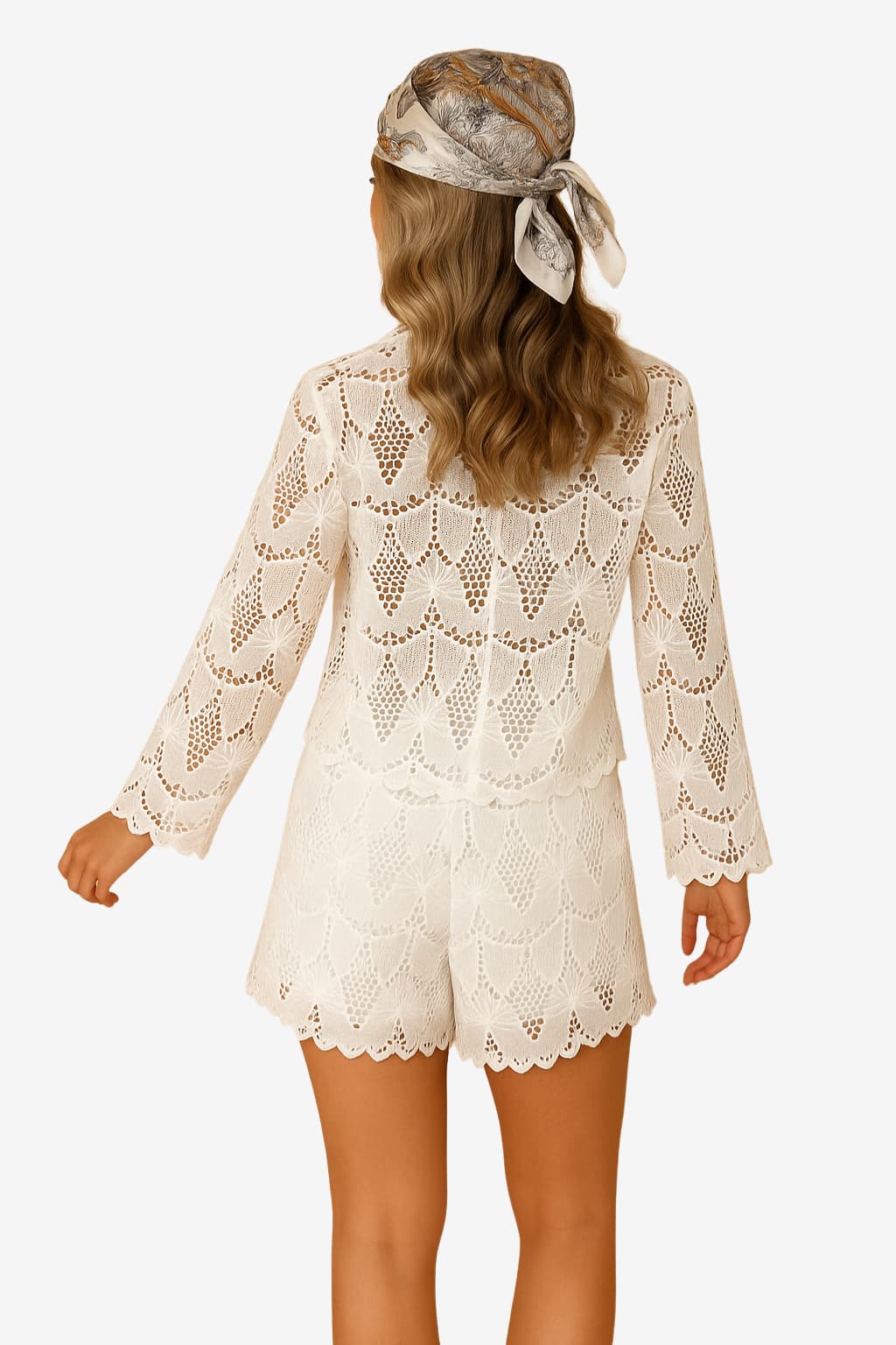 Women's Crochet Cardigan &amp; Shorts Set - Open Weave, Tie Front