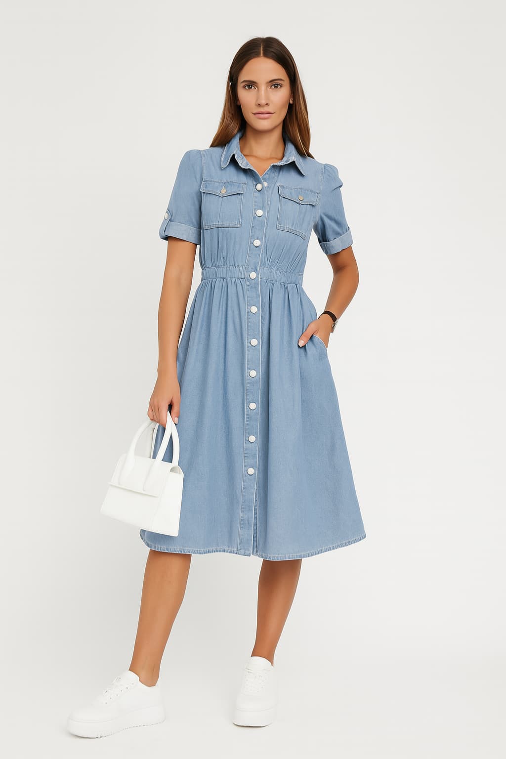 Women's Denim Midi Dress Short Sleeve Button Front