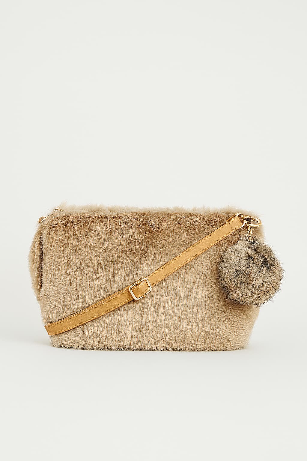 Women's Beige Faux Fur Crossbody Bag with Pom-Pom