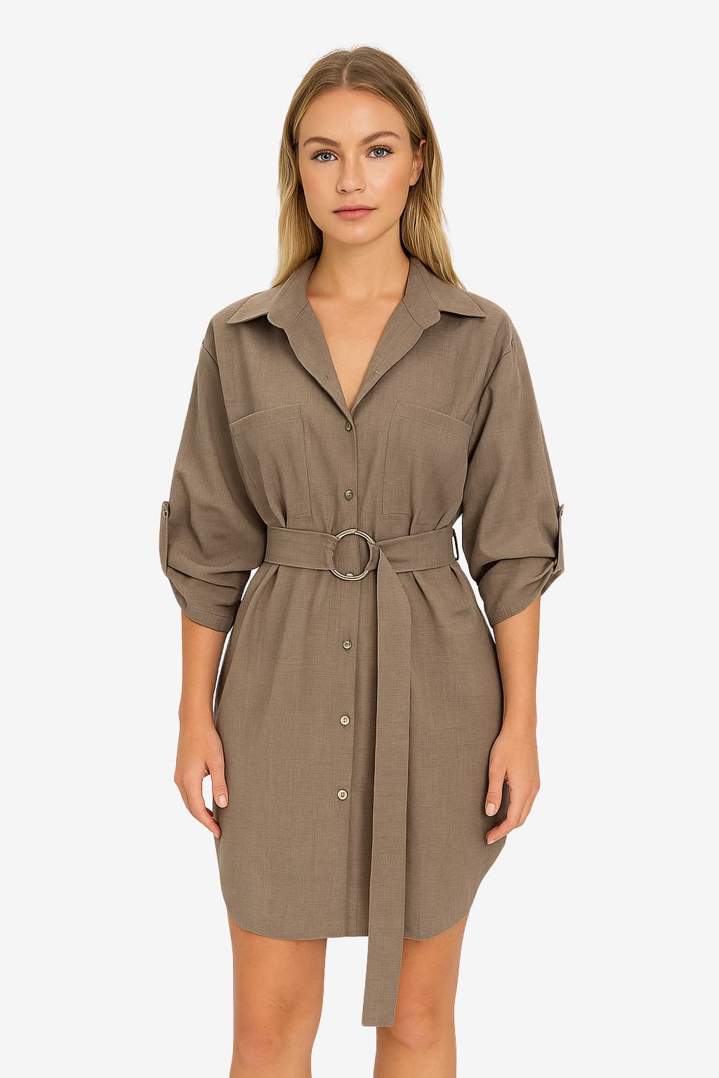 Women's Belted V-Neck Mini Shirt Dress