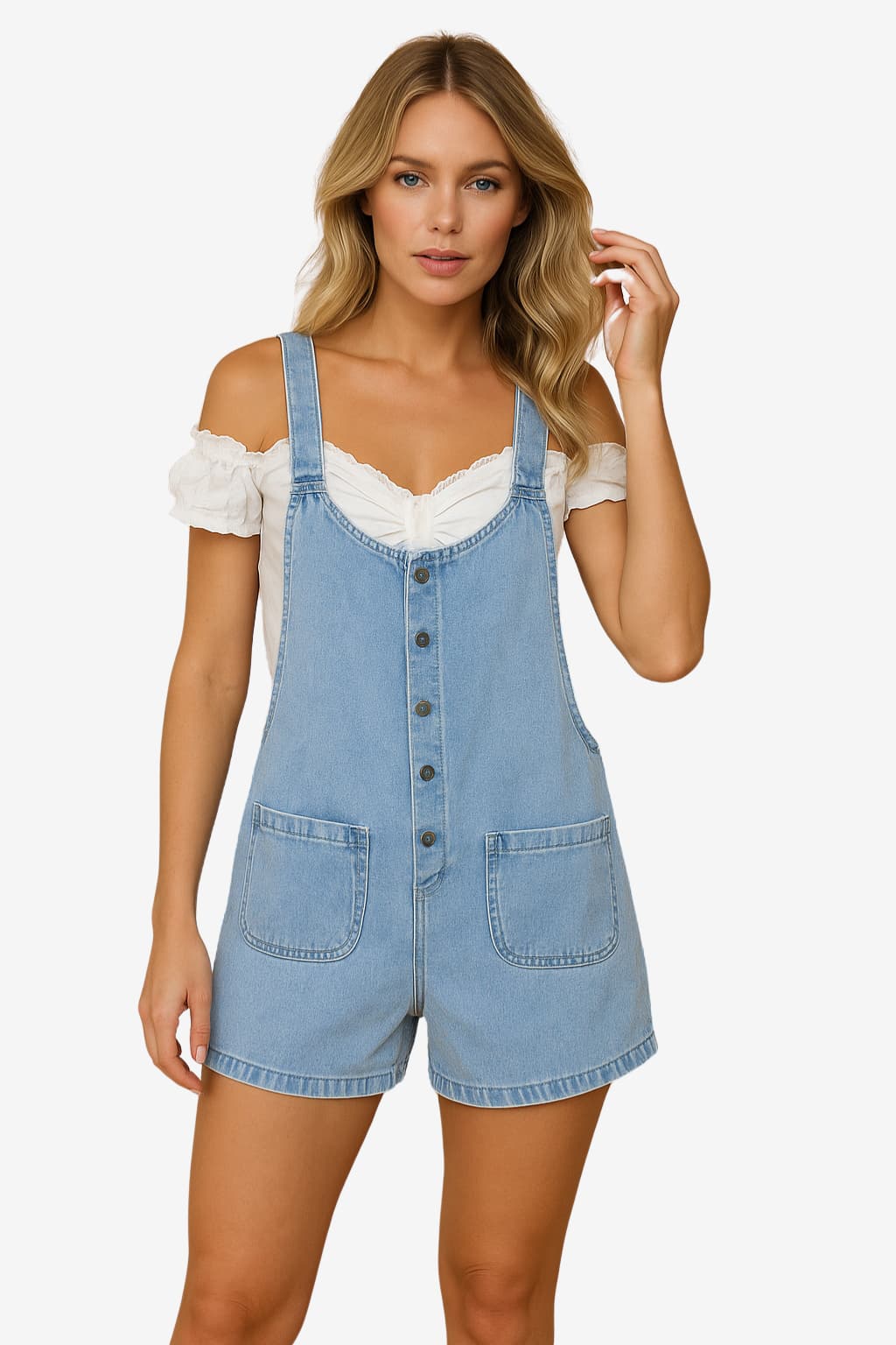Women's Denim Dungaree Shorts - Loose Fit, Adjustable Straps