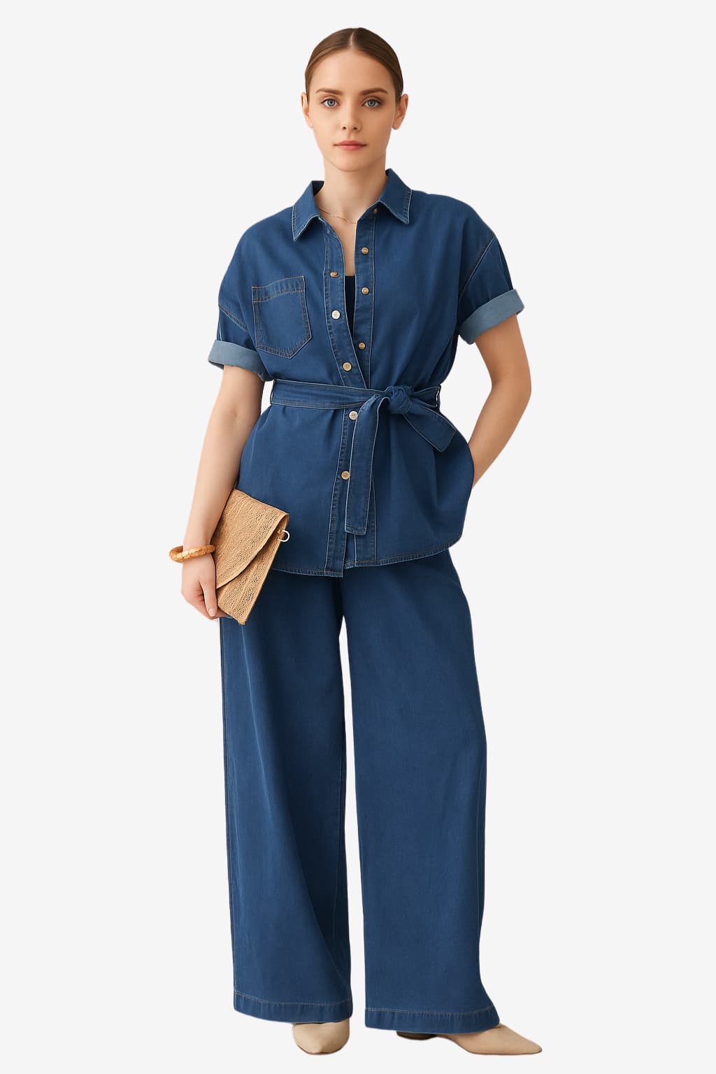 Women's Denim Button Shirt and Wide-Leg Jeans Co-ord Set