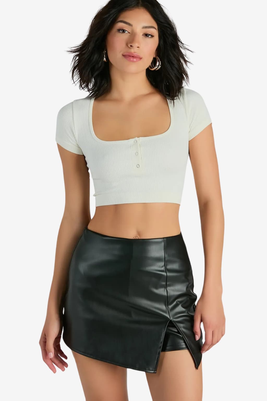 Women’s Black Faux Leather Mini Skort with Slit