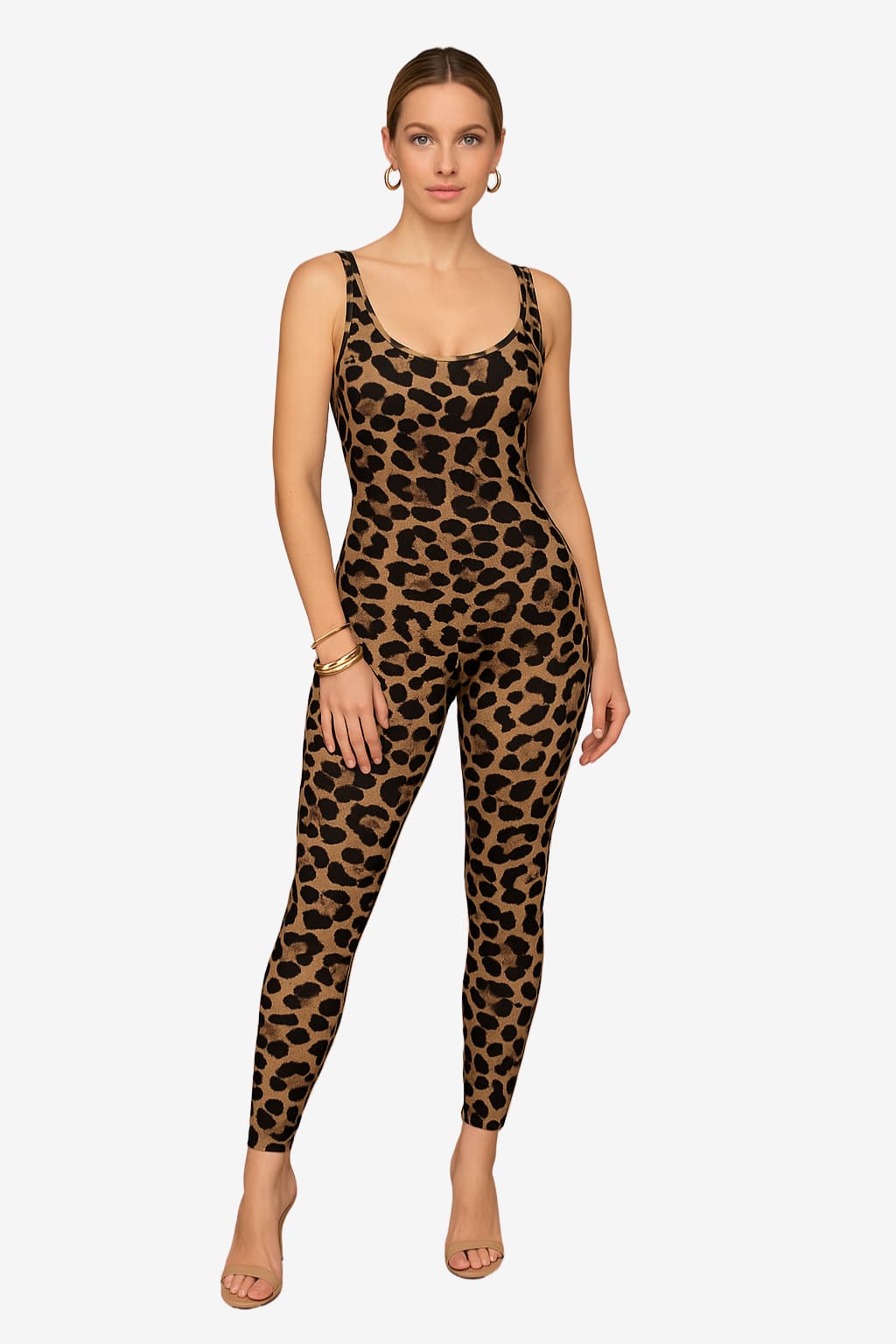 Women's Leopard Print Yoga Jumpsuit, Sleeveless Full - Length